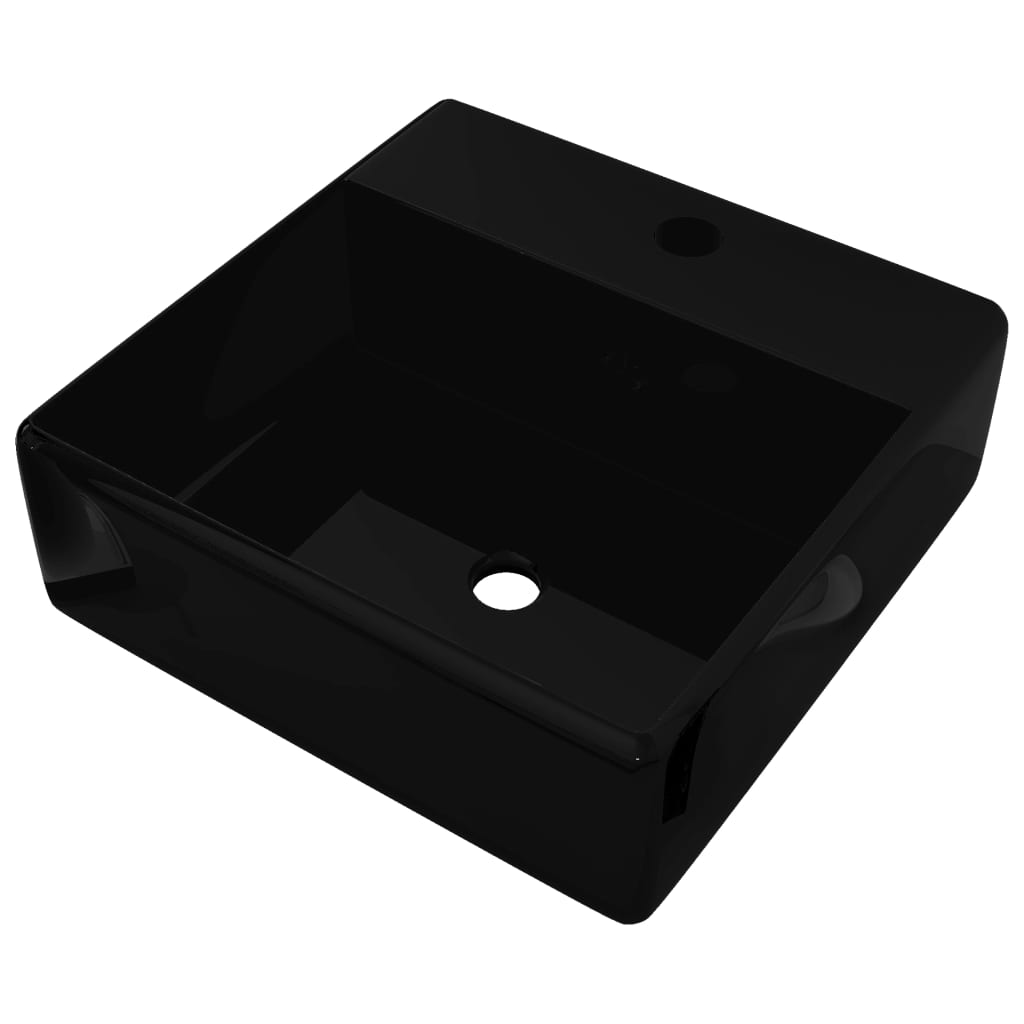 Robinet de lavabo salle de bain céramique/trou trop-plein carré noir