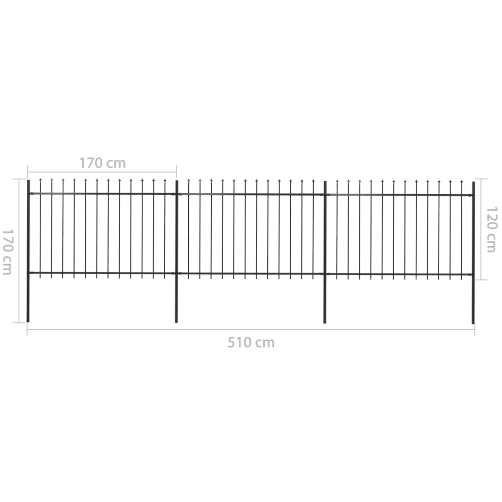 vidaXL Clôture de jardin avec dessus en lance Acier 5,1 x 1,2 m Noir