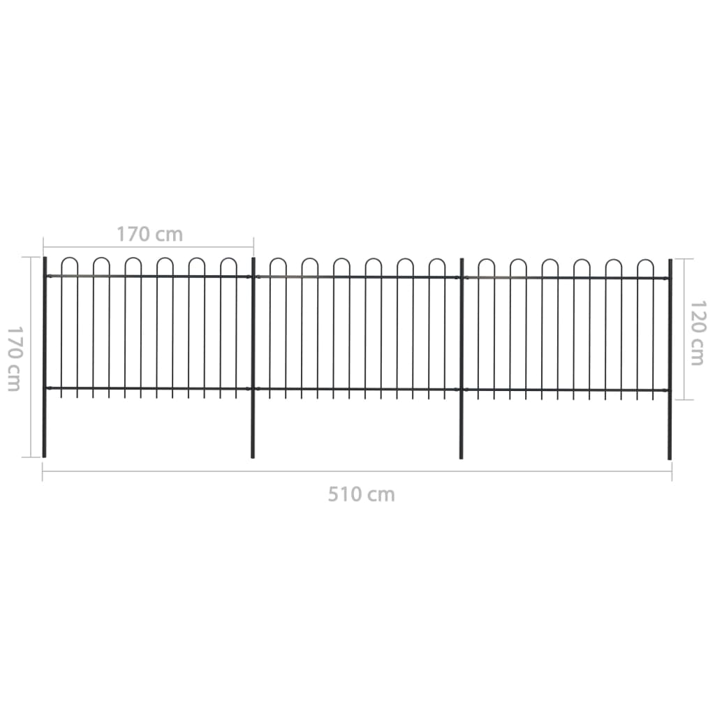 vidaXL Clôture de jardin avec dessus en cerceau Acier 5,1 x 1,2 m Noir