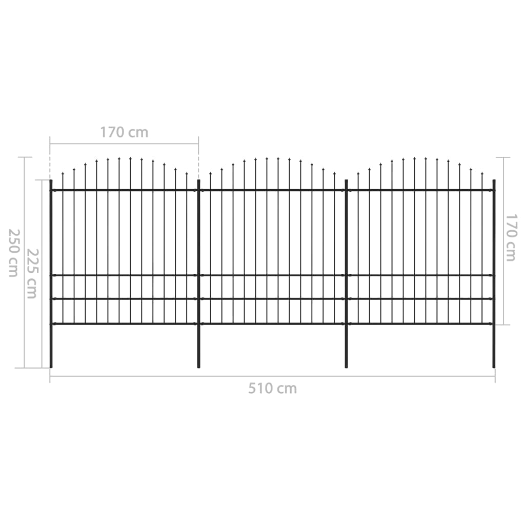 vidaXL Clôture de jardin à dessus en lance Acier (1,75-2)x5,1 m Noir