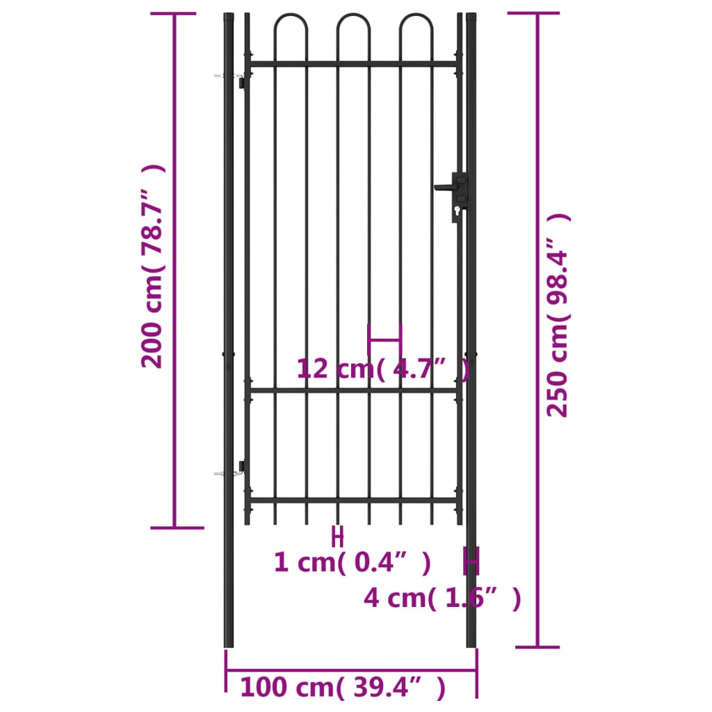 vidaXL Portillon simple porte avec dessus arqué Acier 1x2 m Noir