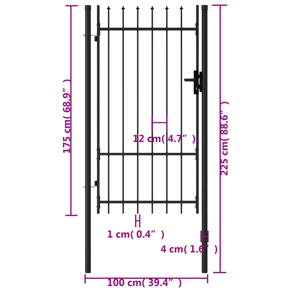 vidaXL Portillon simple porte avec dessus à pointe Acier 1x1,75 m Noir