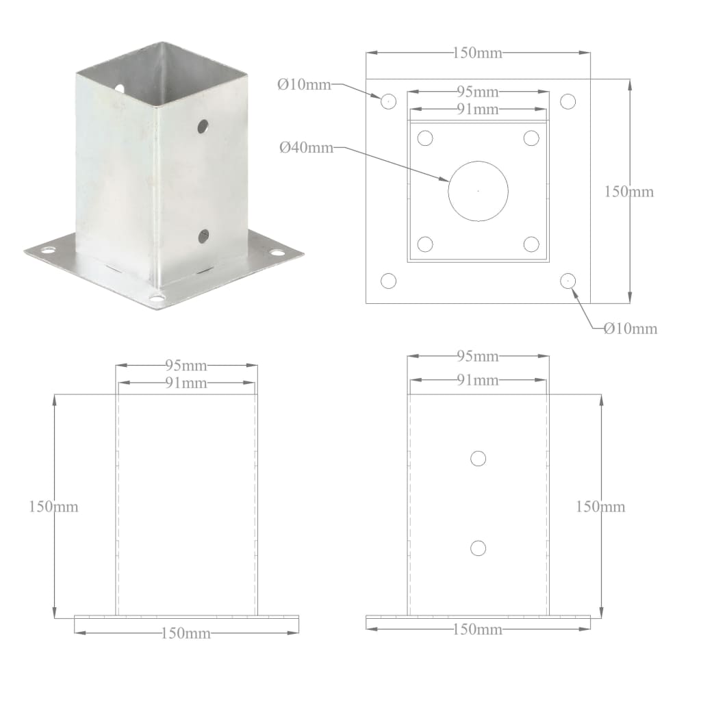 vidaXL Ancres de poteau 4 pcs Métal galvanisé 91 mm