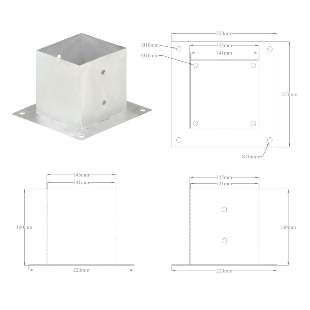 vidaXL Ancres de poteau 4 pcs Métal galvanisé 141 mm