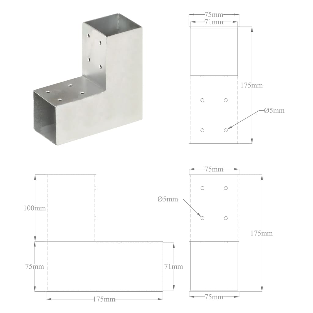 vidaXL Connecteurs de poteau 4 pcs Forme en L Métal galvanisé 71x71 mm