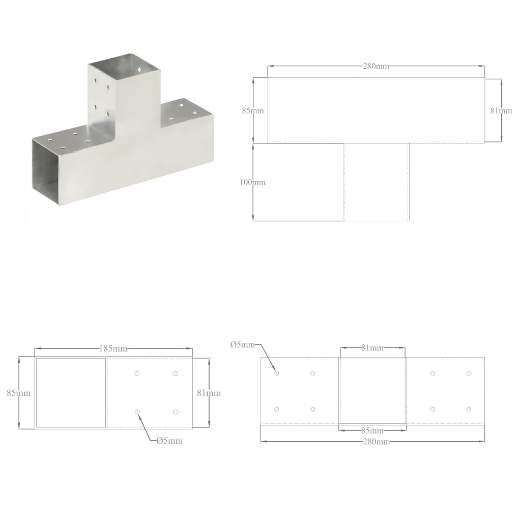 vidaXL Connecteurs de poteau 4 pcs Forme en T Métal galvanisé 81x81 mm