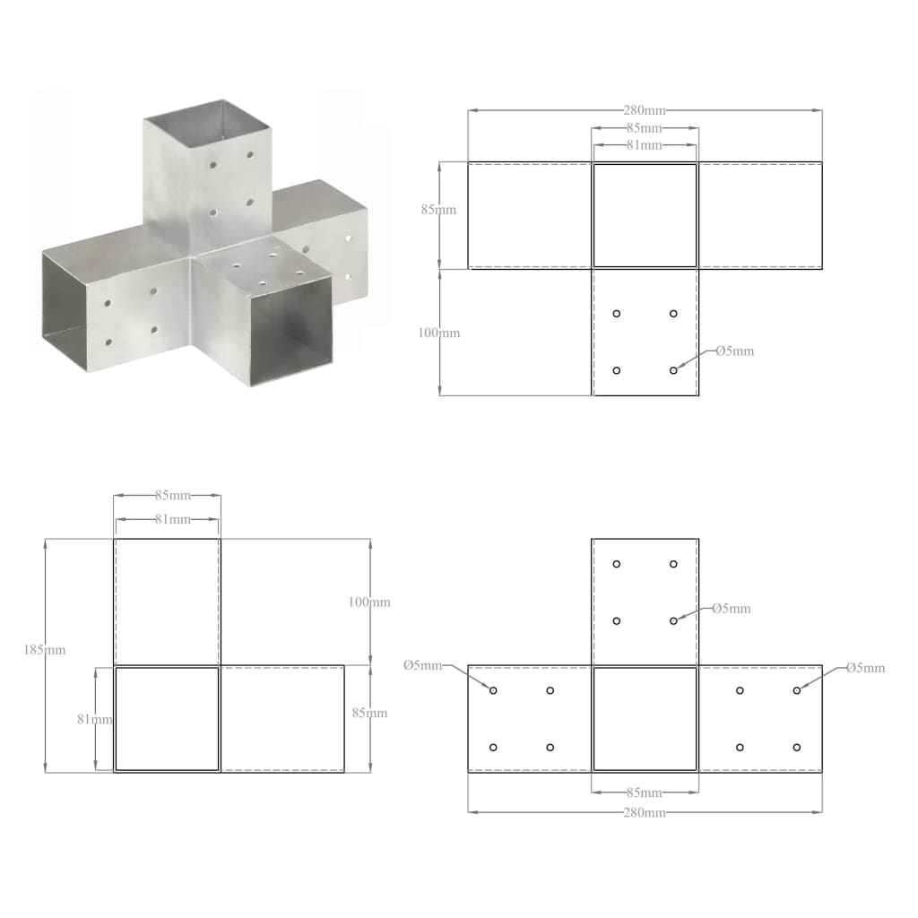 vidaXL Connecteur de poteau Forme en X Métal galvanisé 81x81 mm