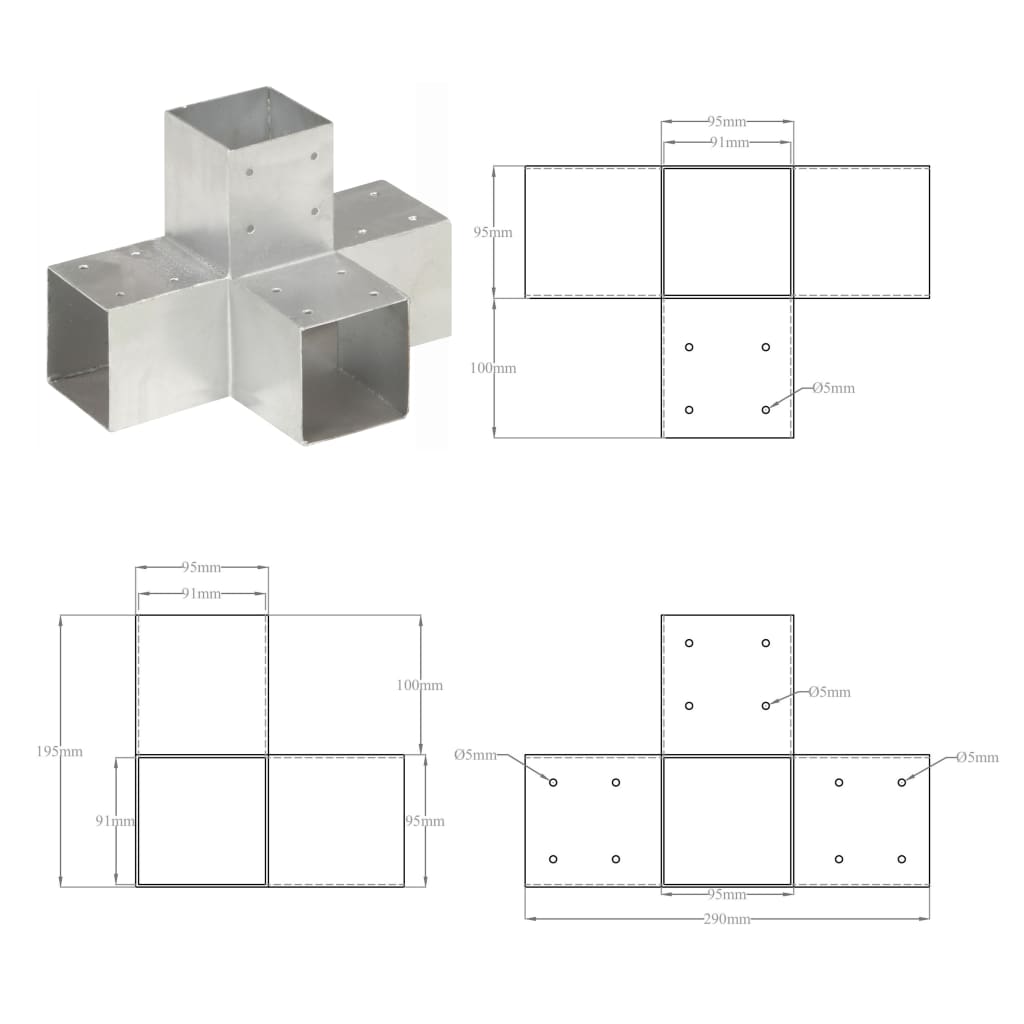 vidaXL Connecteurs de poteau 4 pcs Forme en X Métal galvanisé 91x91 mm