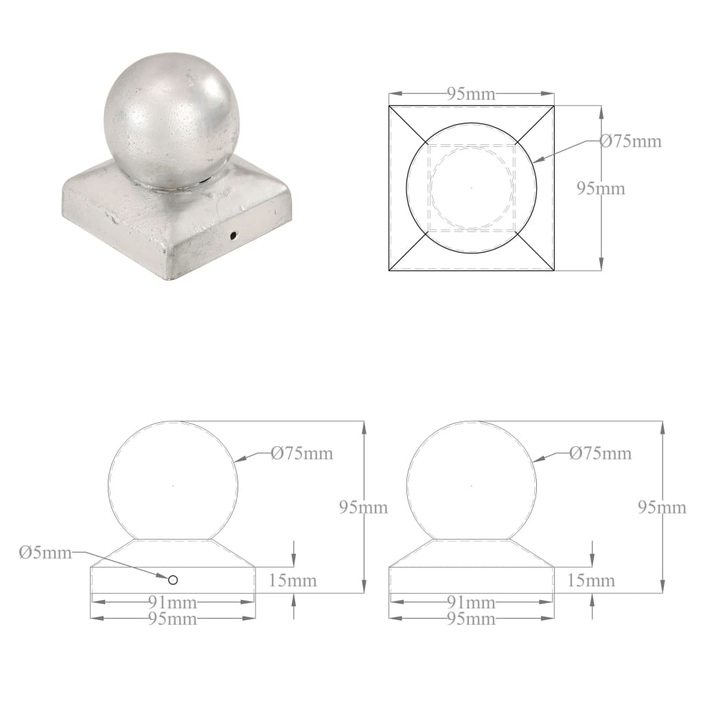 vidaXL Bouchons de poteau 6 pcs Globe final Métal galvanisé 91x91 mm