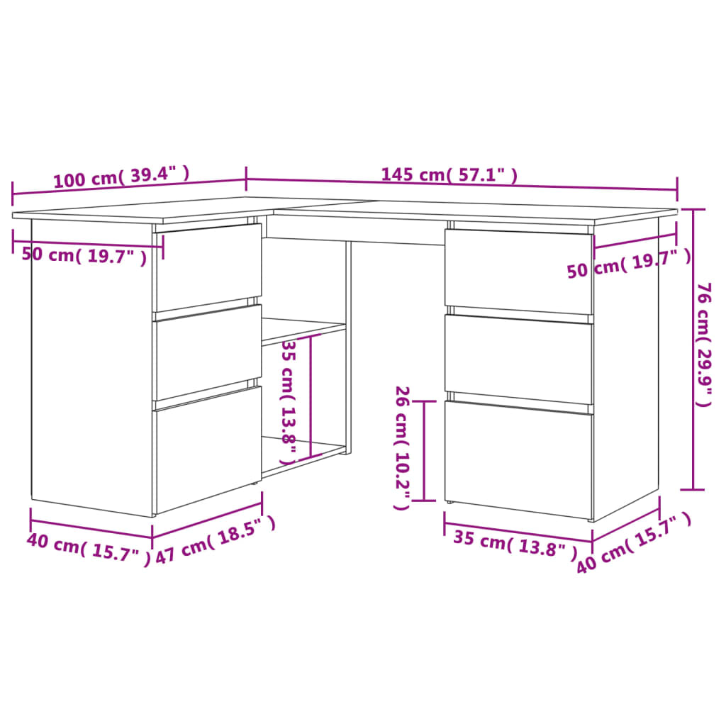 vidaXL Bureau d'angle Noir 145x100x76 cm Bois d'ingénierie