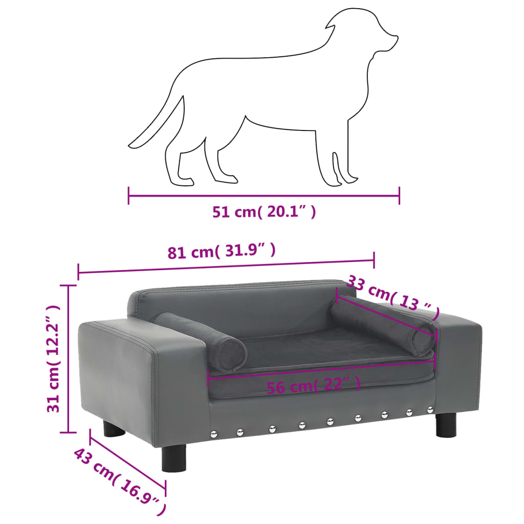 vidaXL Canapé pour chien Gris 81x43x31 cm Peluche et similicuir