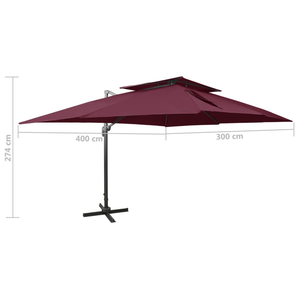 vidaXL Parasol de jardin en porte-à-faux à double toit rouge bordeaux