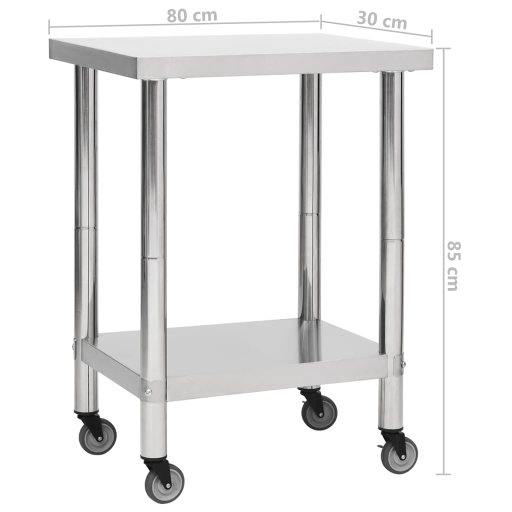 vidaXL Table de travail de cuisine avec roues 80x30x85 cm Inox