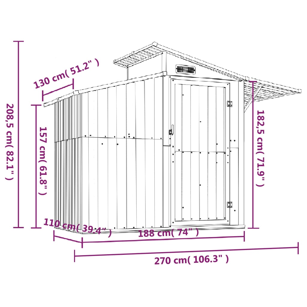 vidaXL Abri de jardin Marron 270x130x208,5 cm Acier galvanisé