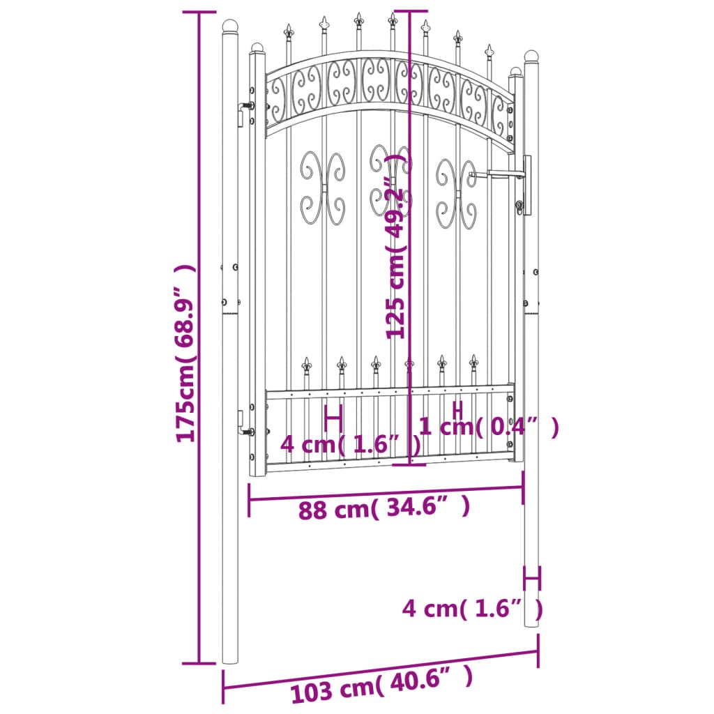 vidaXL Portail et sommet de lance Noir 103x175 cm Acier enduit poudre