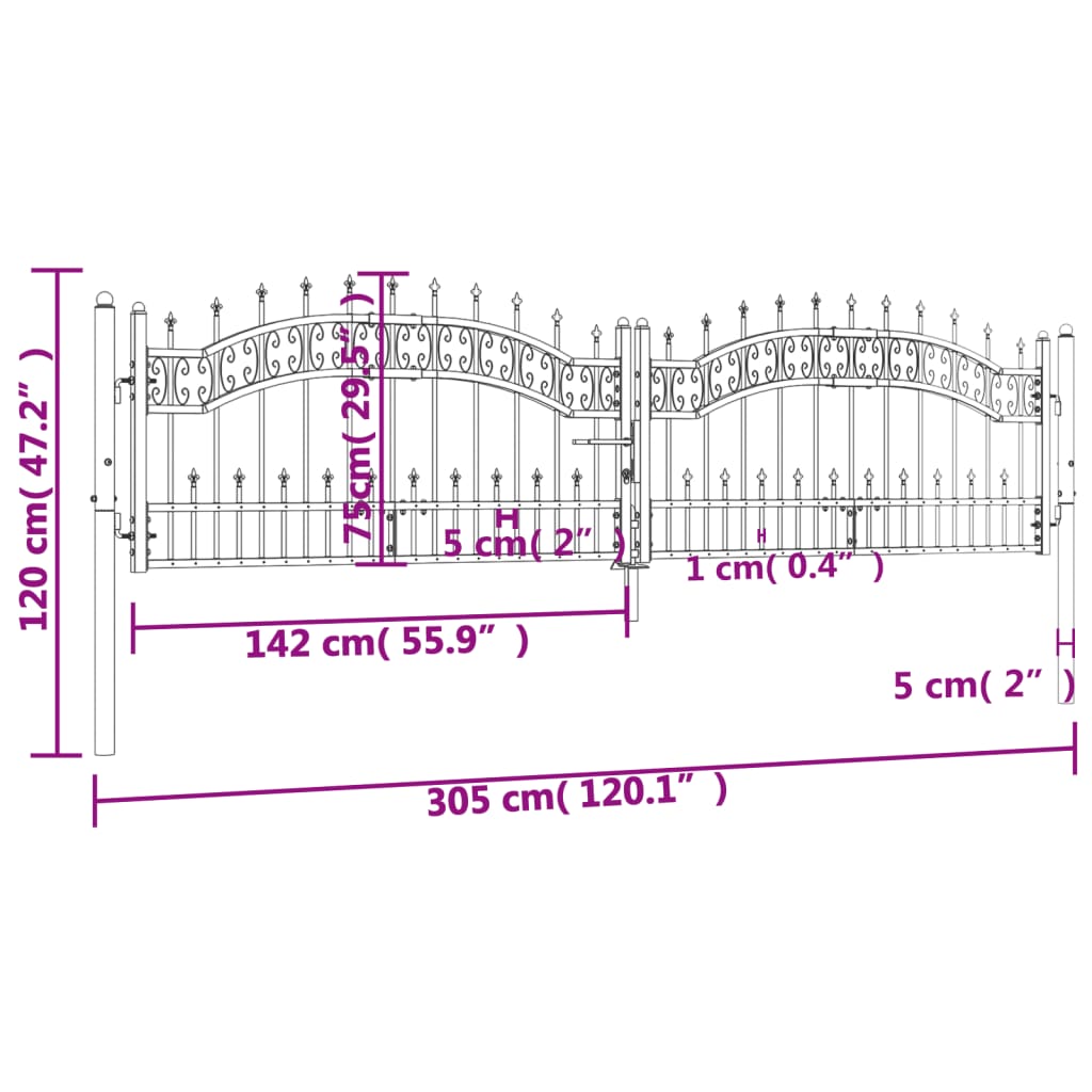 vidaXL Portail et sommet de lance Noir 305x120 cm Acier enduit poudre