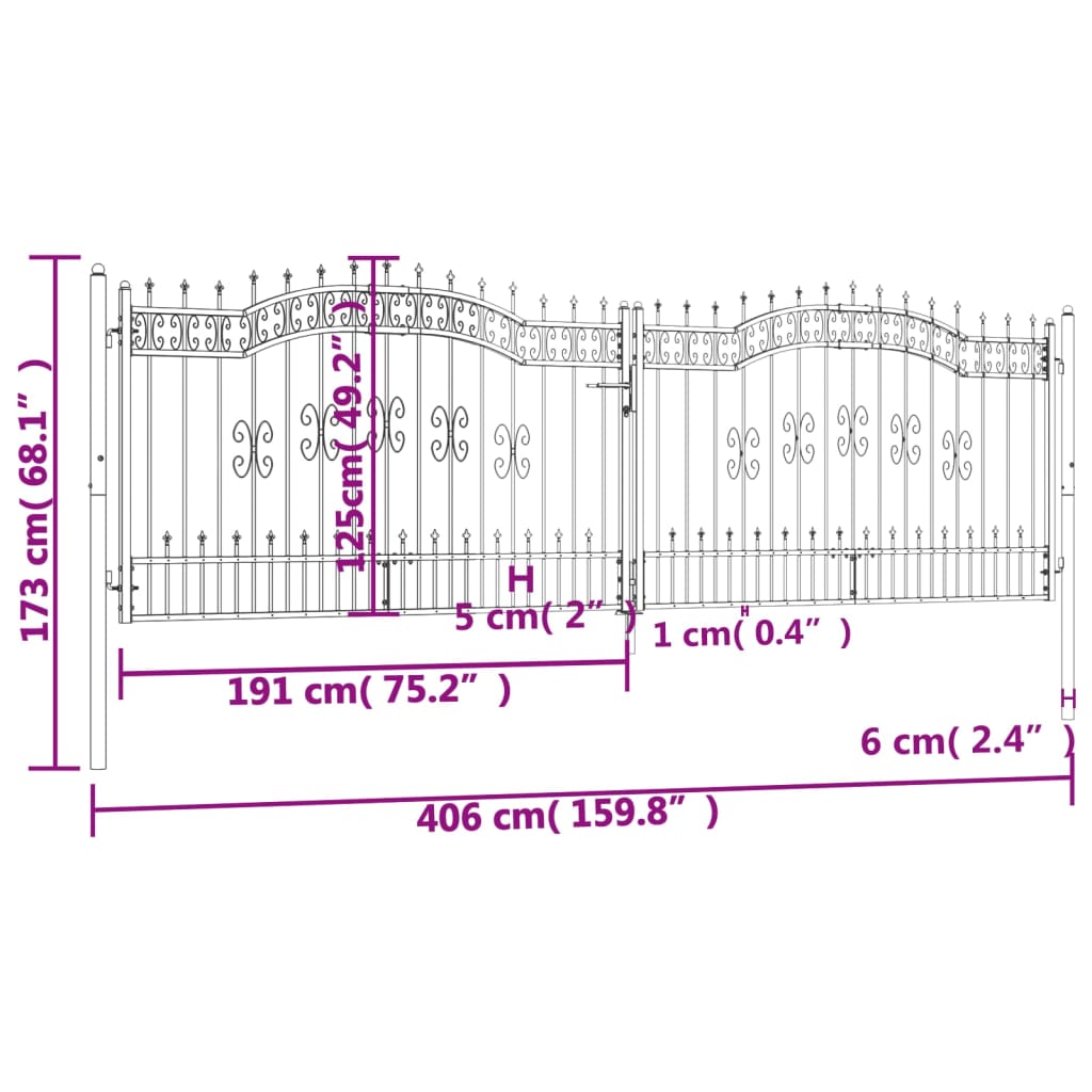 vidaXL Portail et sommet de lance Noir 406x173 cm Acier enduit poudre