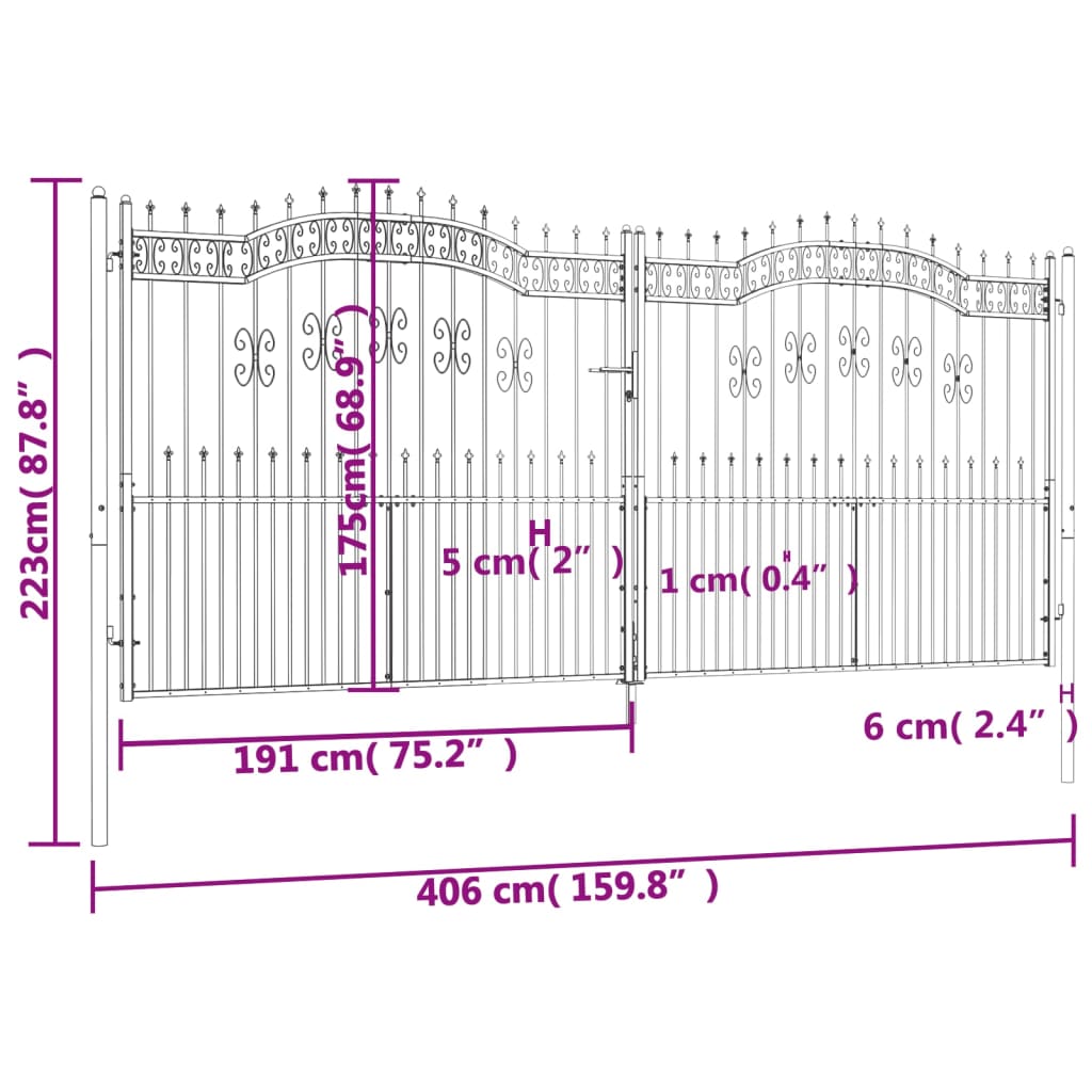 vidaXL Portail et sommet de lance Noir 406x223 cm Acier enduit poudre