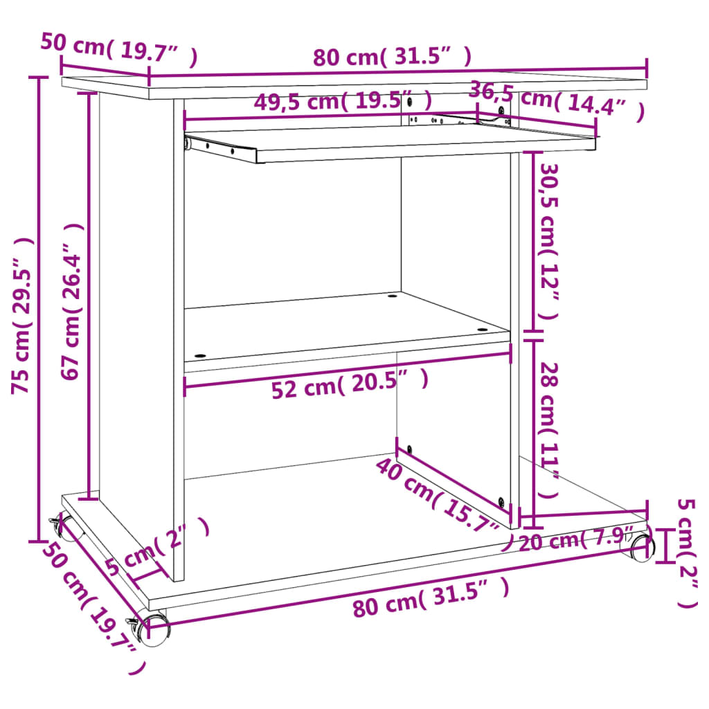 vidaXL Bureau d'ordinateur Chêne fumé 80x50x75 cm Bois d'ingénierie