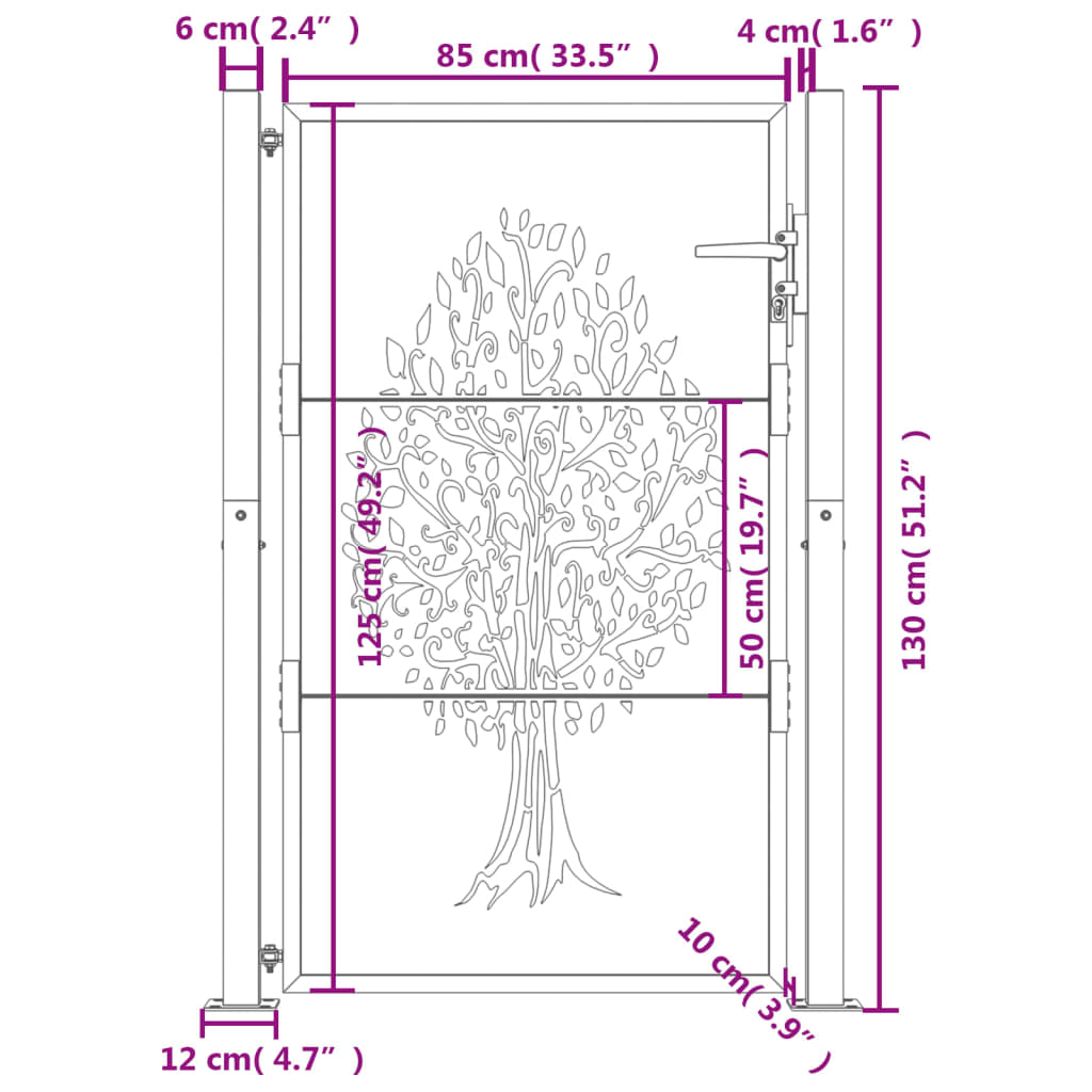 vidaXL Portail de jardin 105x130 cm acier corten conception de l'arbre