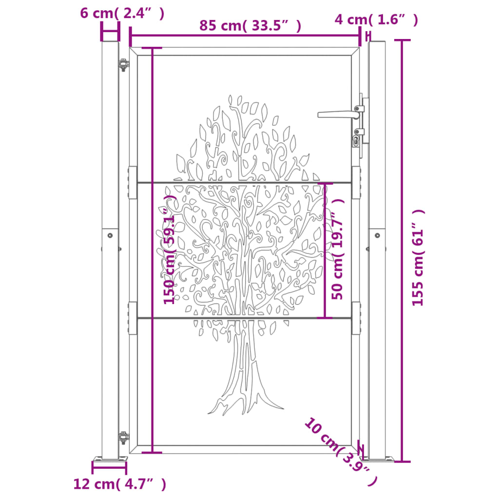 vidaXL Portail de jardin 105x155 cm acier corten conception de l'arbre