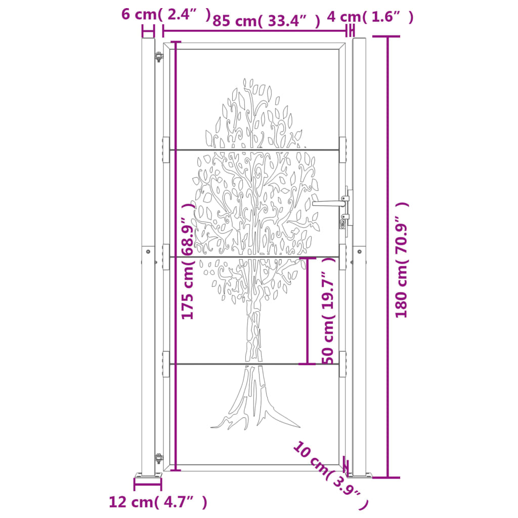 vidaXL Portail de jardin 105x180 cm acier corten conception de l'arbre