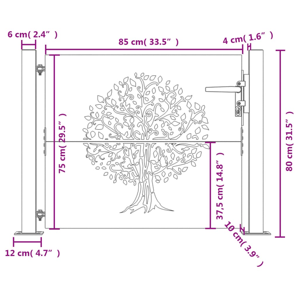 vidaXL Portail de jardin 105x80 cm acier corten conception de l'arbre