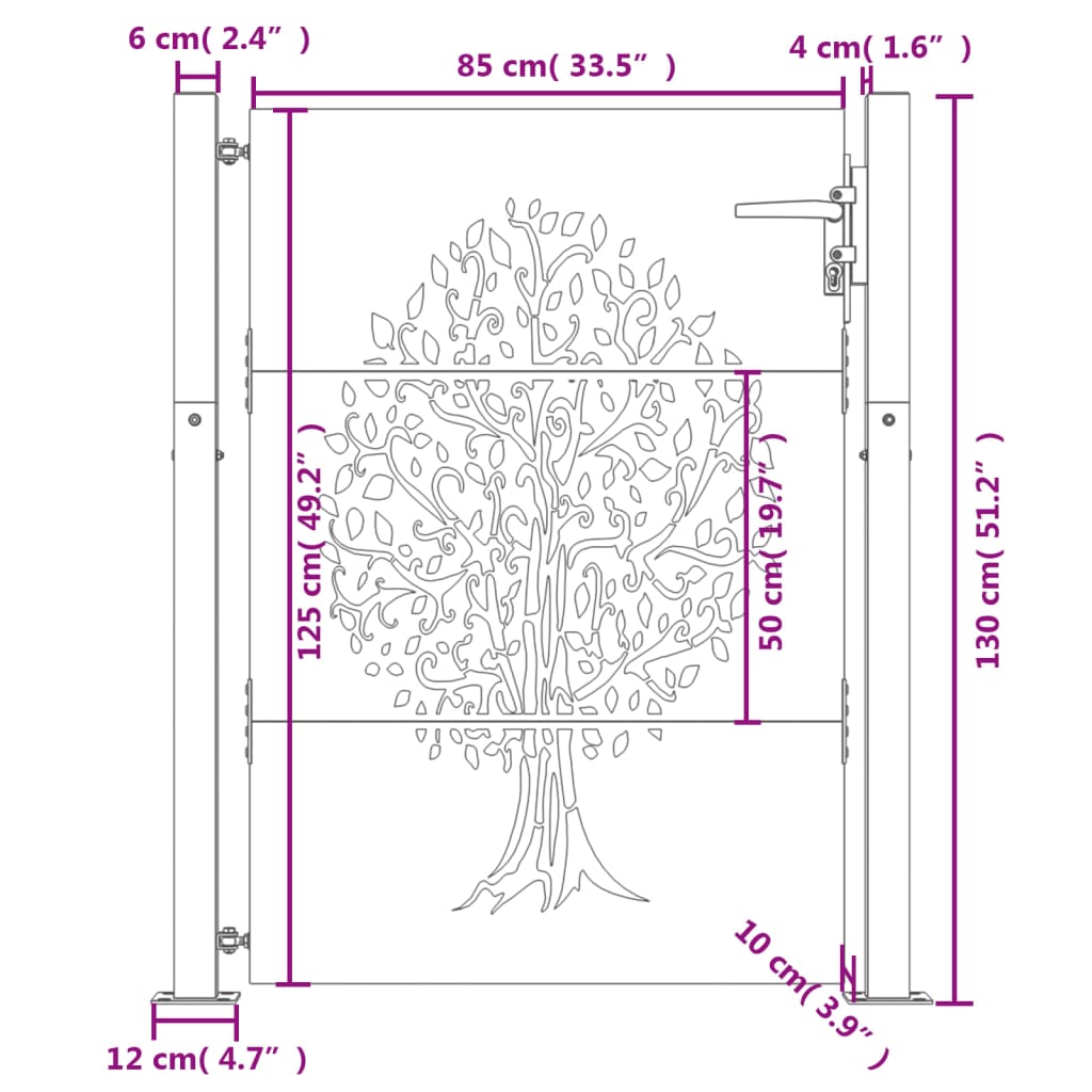 vidaXL Portail de jardin 105x130 cm acier corten conception de l'arbre