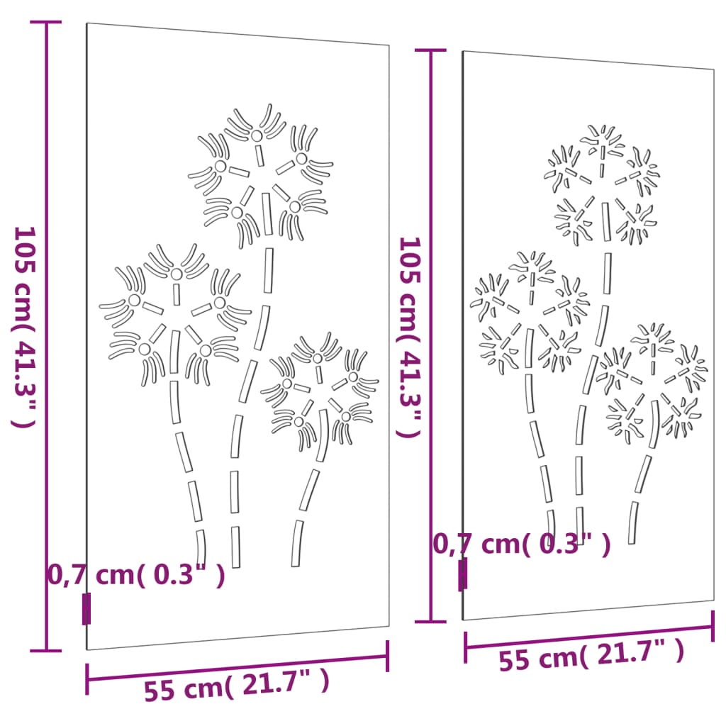 vidaXL Décorations murales de jardin 2pcs 105x55 cm design de fleur
