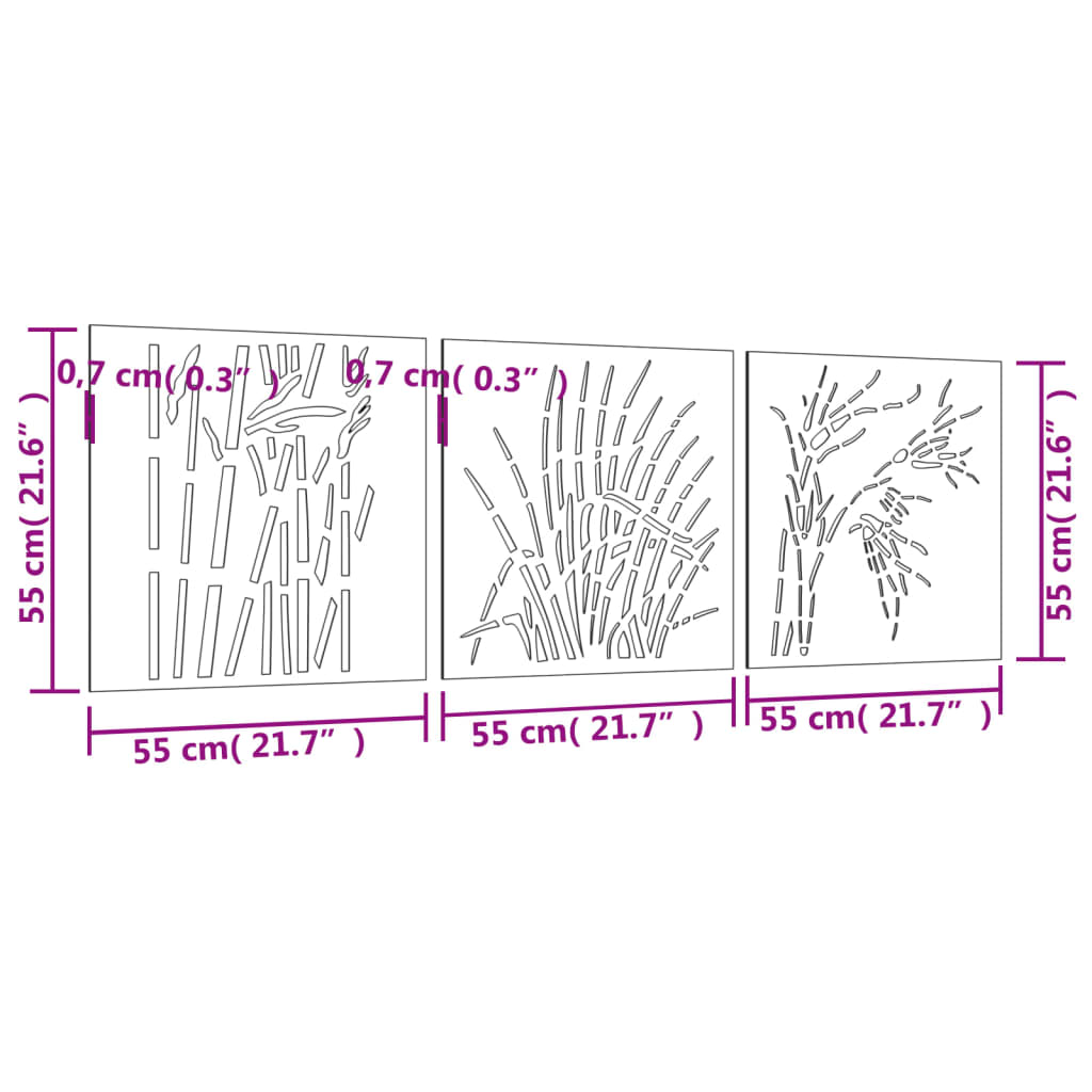 vidaXL Décorations murales jardin 3 pcs 55x55 cm design d'herbe