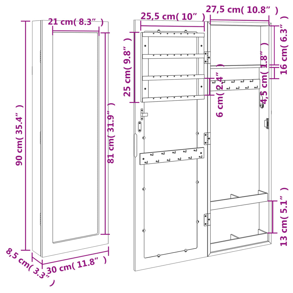 vidaXL Armoire à bijoux avec miroir murale 30x8,5x90 cm