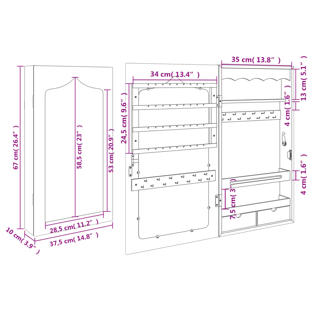 vidaXL Armoire à bijoux avec miroir murale 37,5x10x67 cm