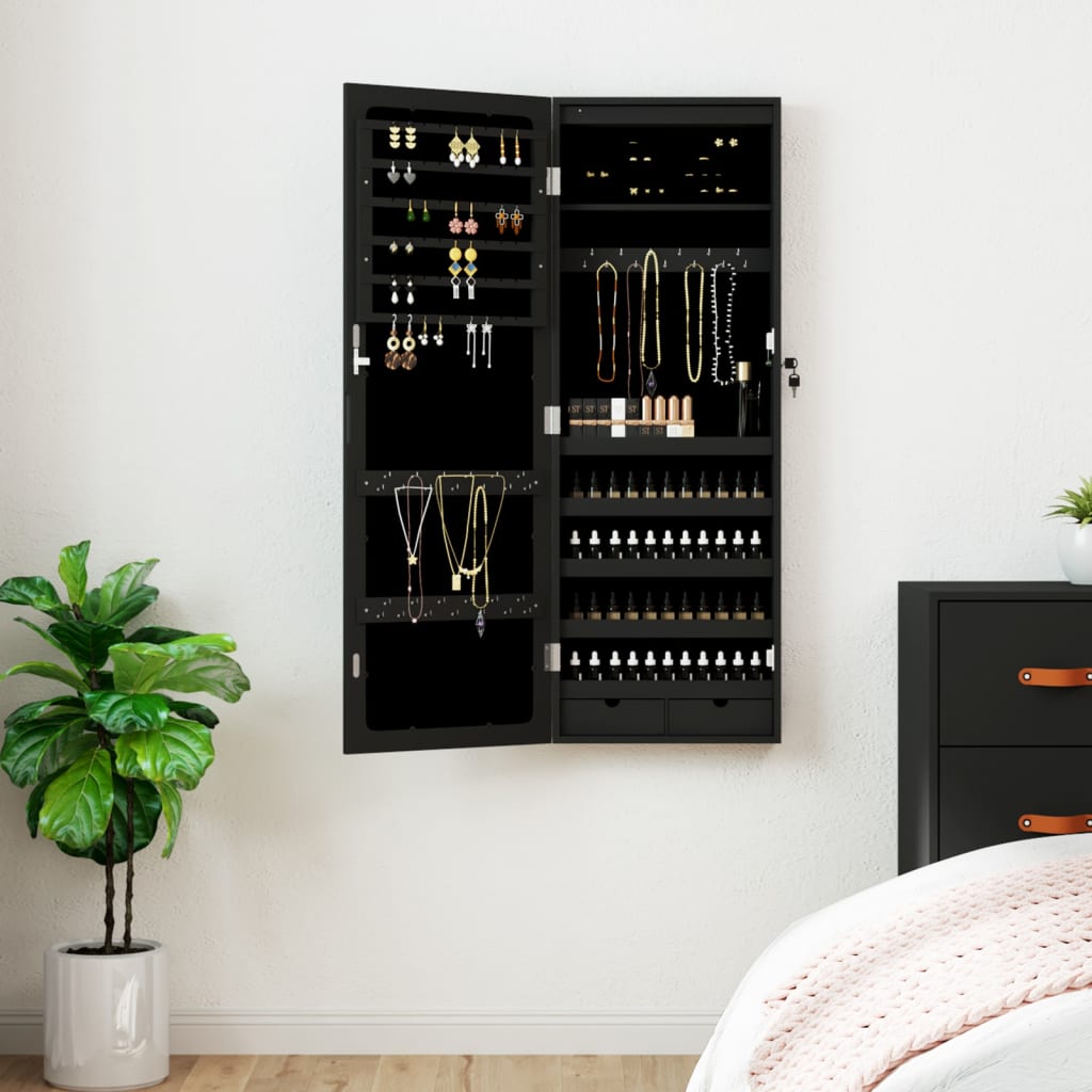 vidaXL Armoire à bijoux avec miroir et éclairage LED mural noir