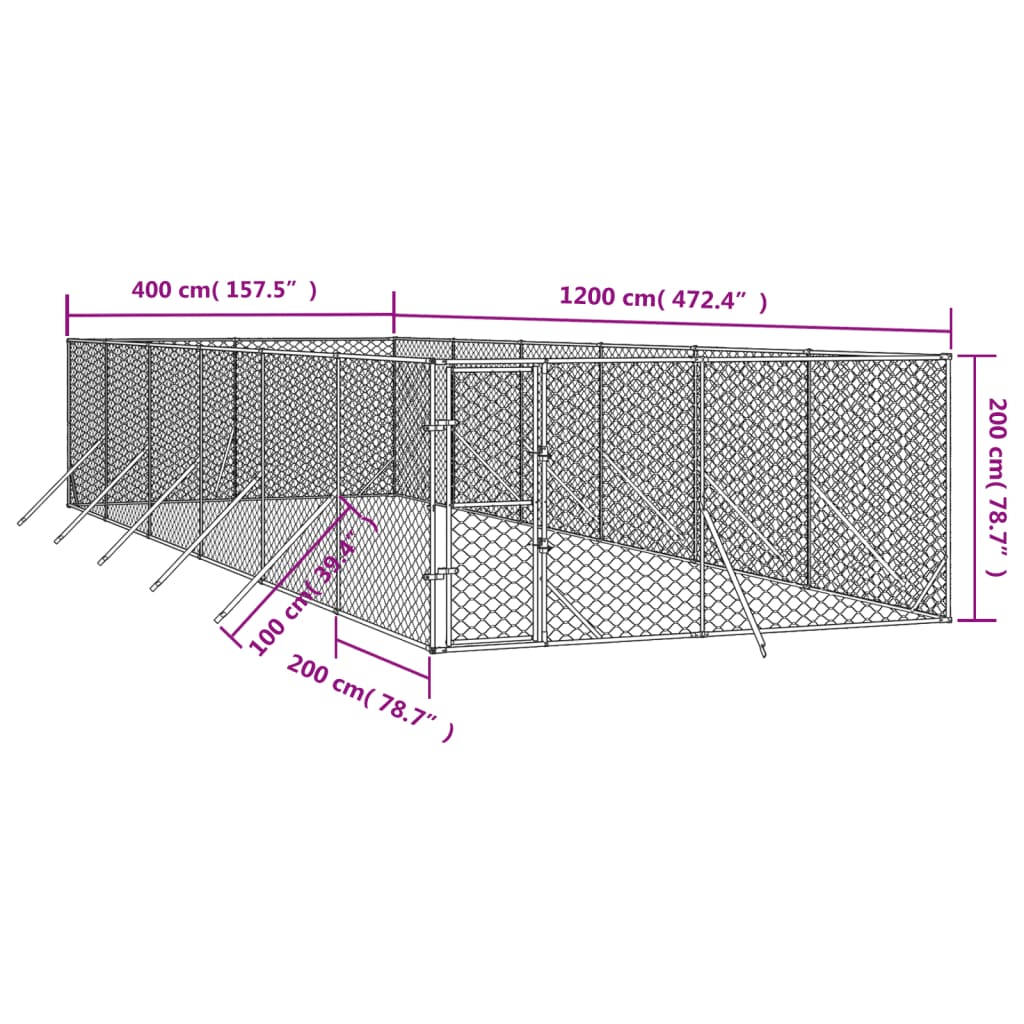 vidaXL Chenil d'extérieur pour chiens argenté 4x12x2 m acier galvanisé
