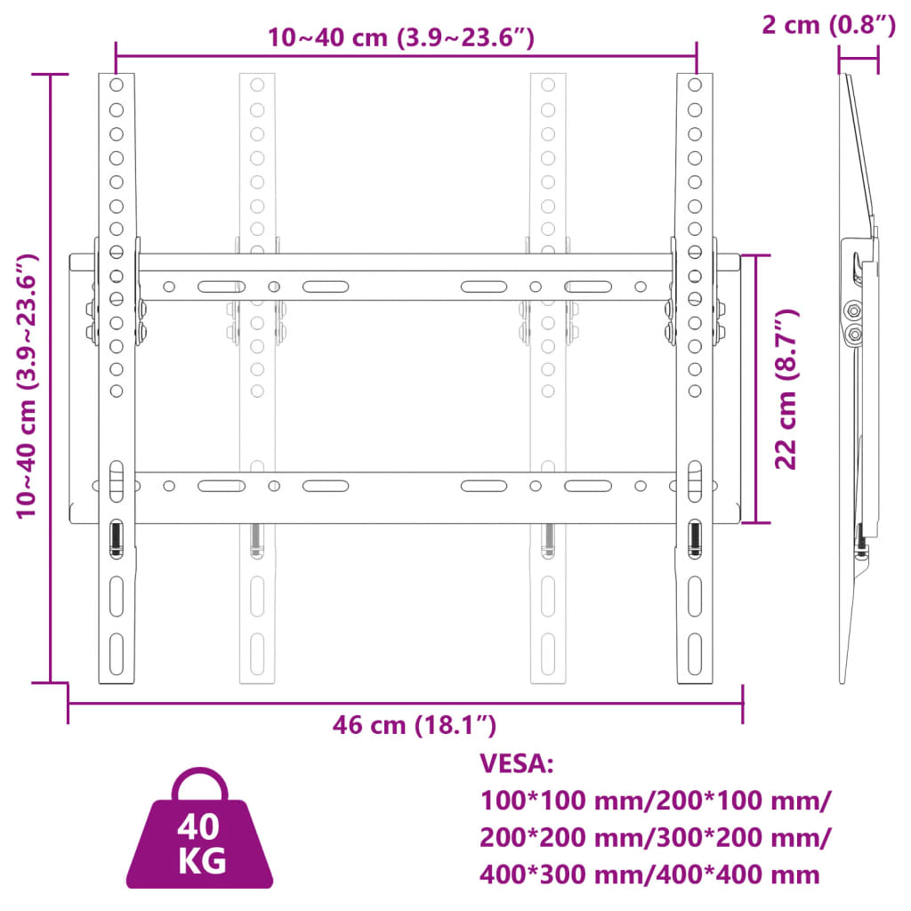 vidaXL Support TV mural pour écran 26-63 pouces Max VESA 400x400 mm