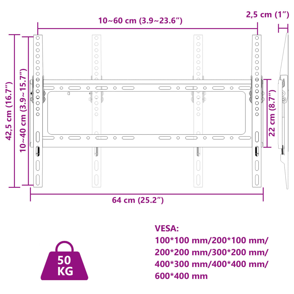 vidaXL Support TV mural pour écran 26-63 pouces Max VESA 600x400 mm