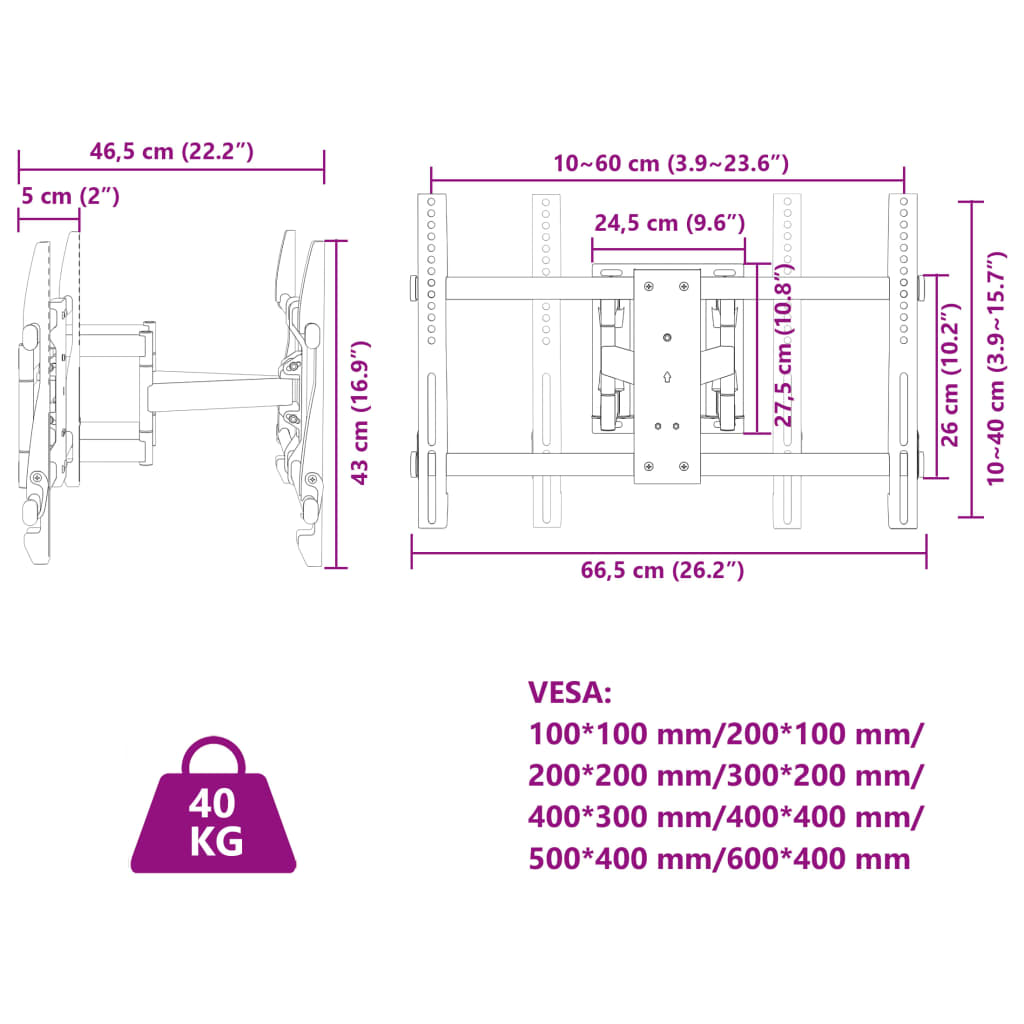 vidaXL Support TV mural pour écran 37-80 pouces max VESA 600x400 mm