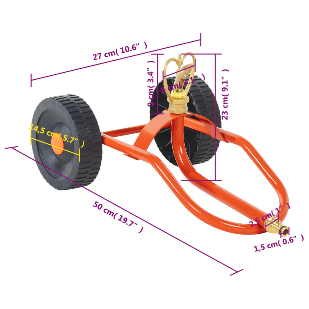vidaXL Traîneau d’arrosage sur roues avec tête rotative en acier rouge