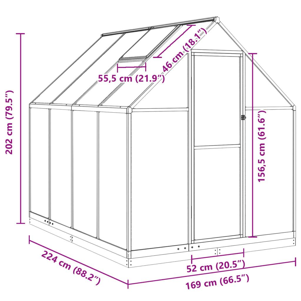 vidaXL Serre avec cadre de base argenté 224x169x202 cm aluminium