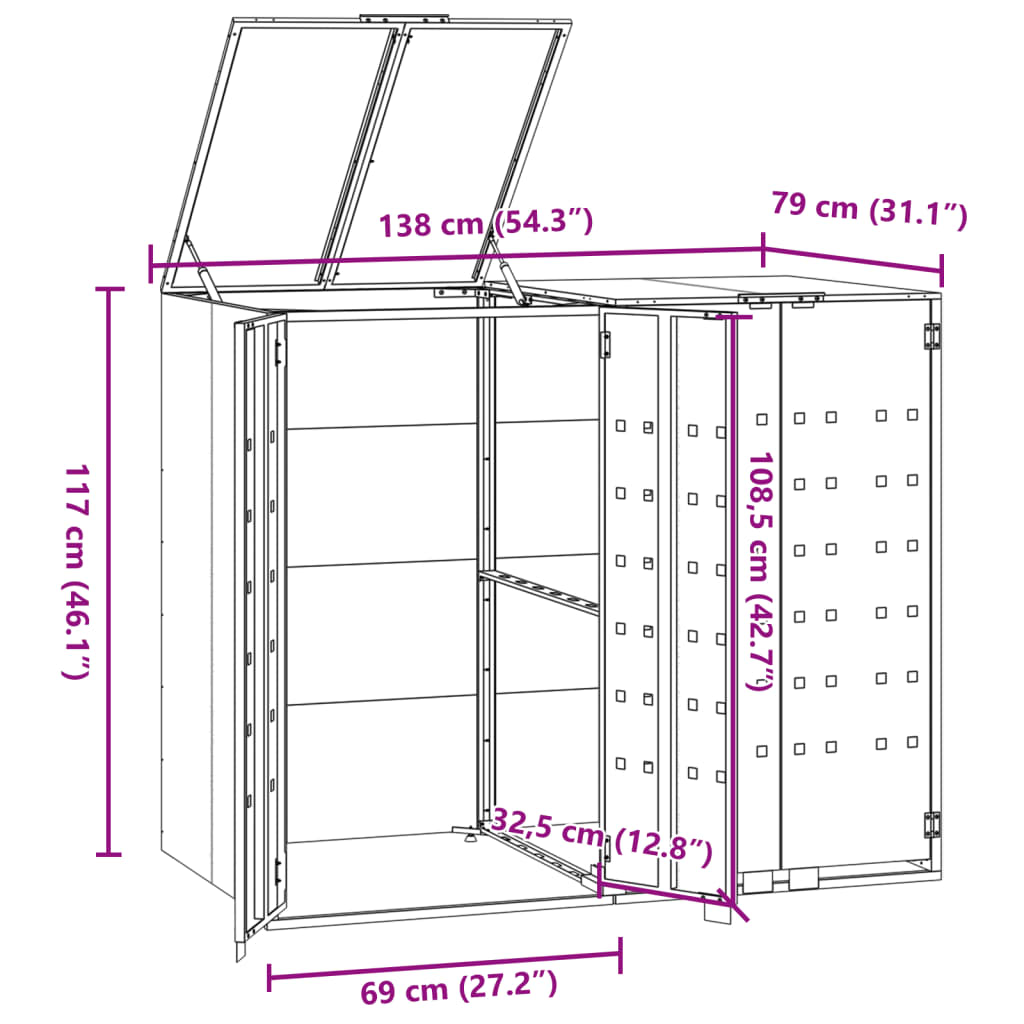 vidaXL Rangement à roulettes pour poubelles pour 2 bacs gris acier