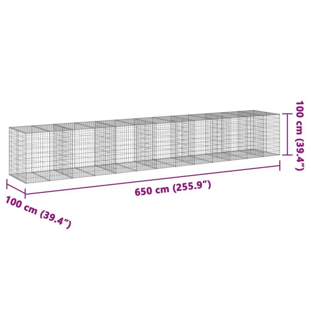 vidaXL Panier gabion avec couvercle 650x100x100 cm fer galvanisé