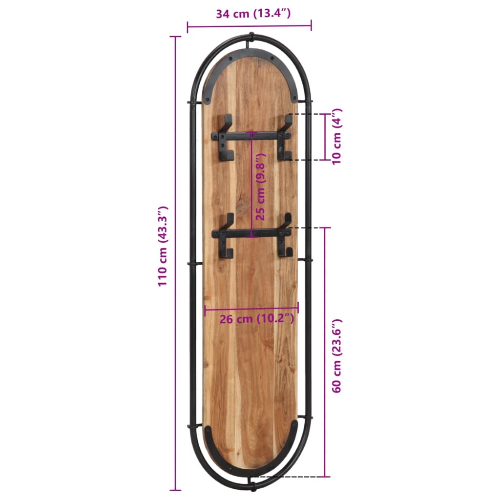 vidaXL Porte-manteaux muraux et 4 crochets 2 pcs bois massif d'acacia