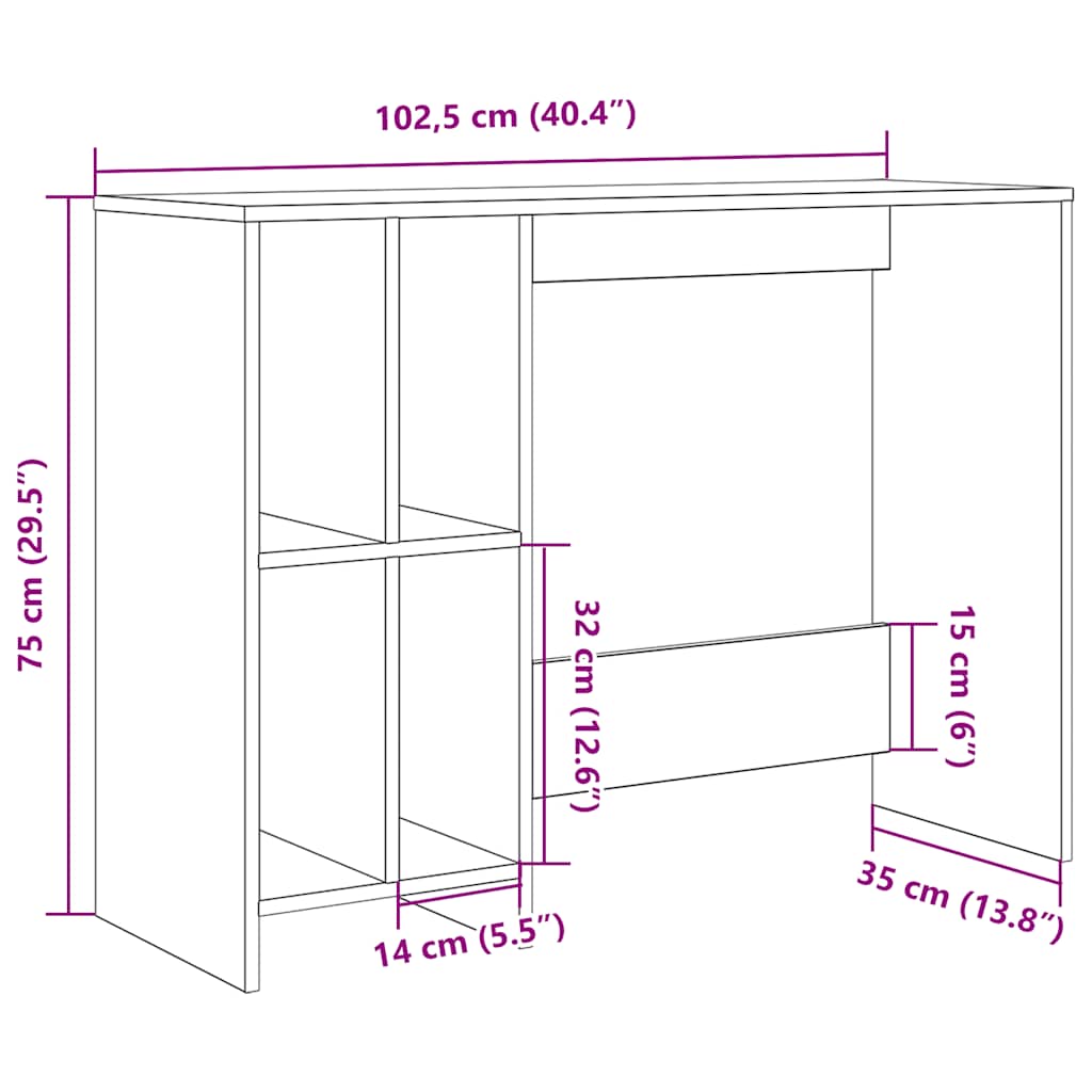 vidaXL Bureau chêne artisanal 102,5x35x75 cm bois d'ingénierie