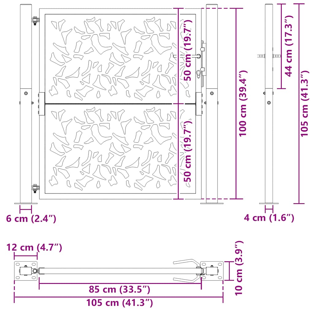 vidaXL Porte de jardin acier résistant aux intempéries design feuilles