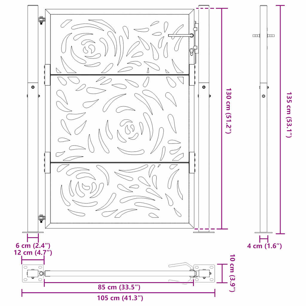 vidaXL Portail de jardin noir 105x130 cm acier conception de flamme