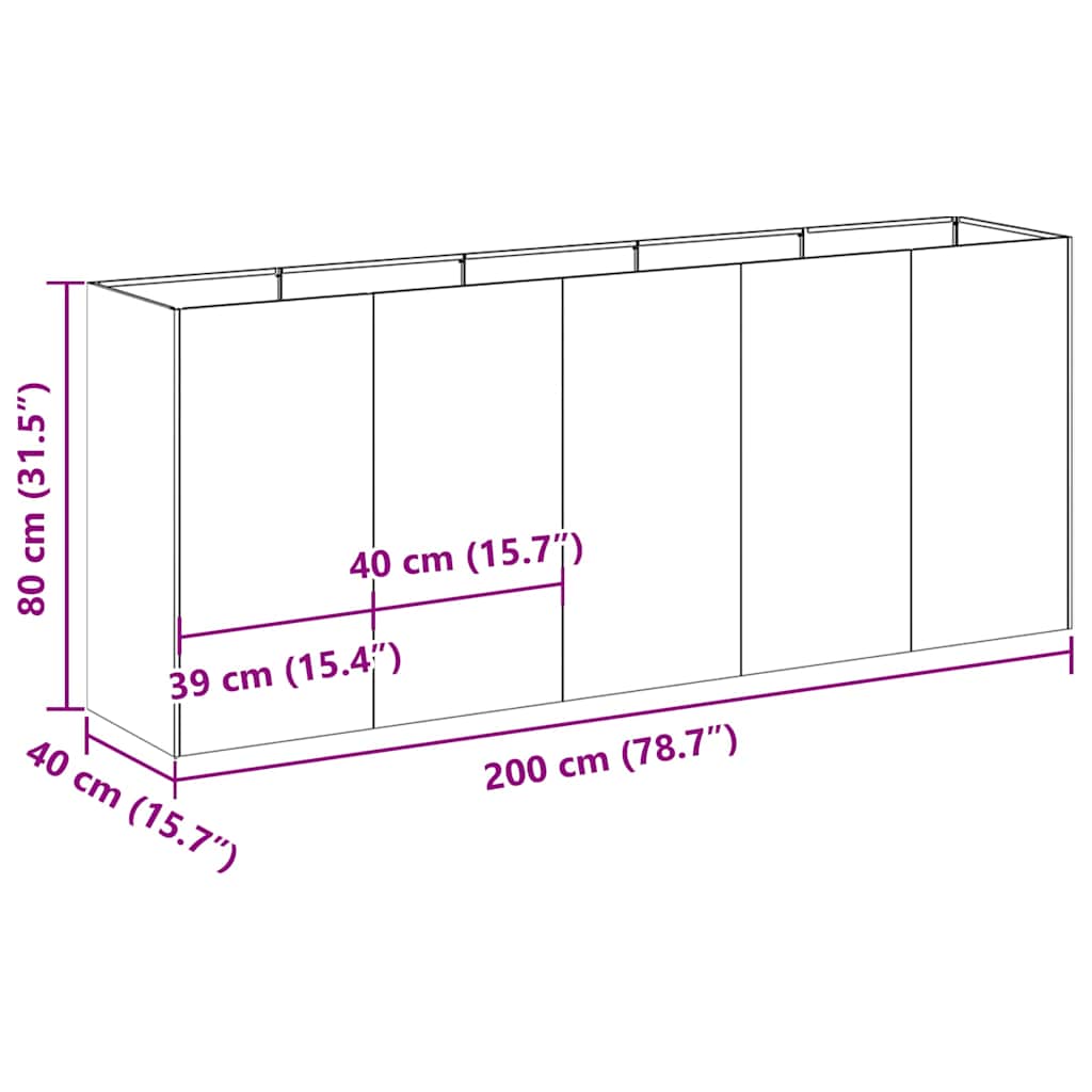 vidaXL Jardinière rouillé 200x40x80 cm acier inoxydable