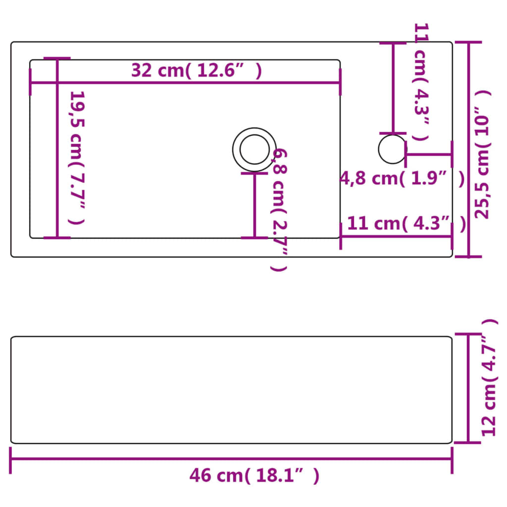 vidaXL Vasque + trou de robinet Céramique Blanc 46 x 25,5 x 12 cm