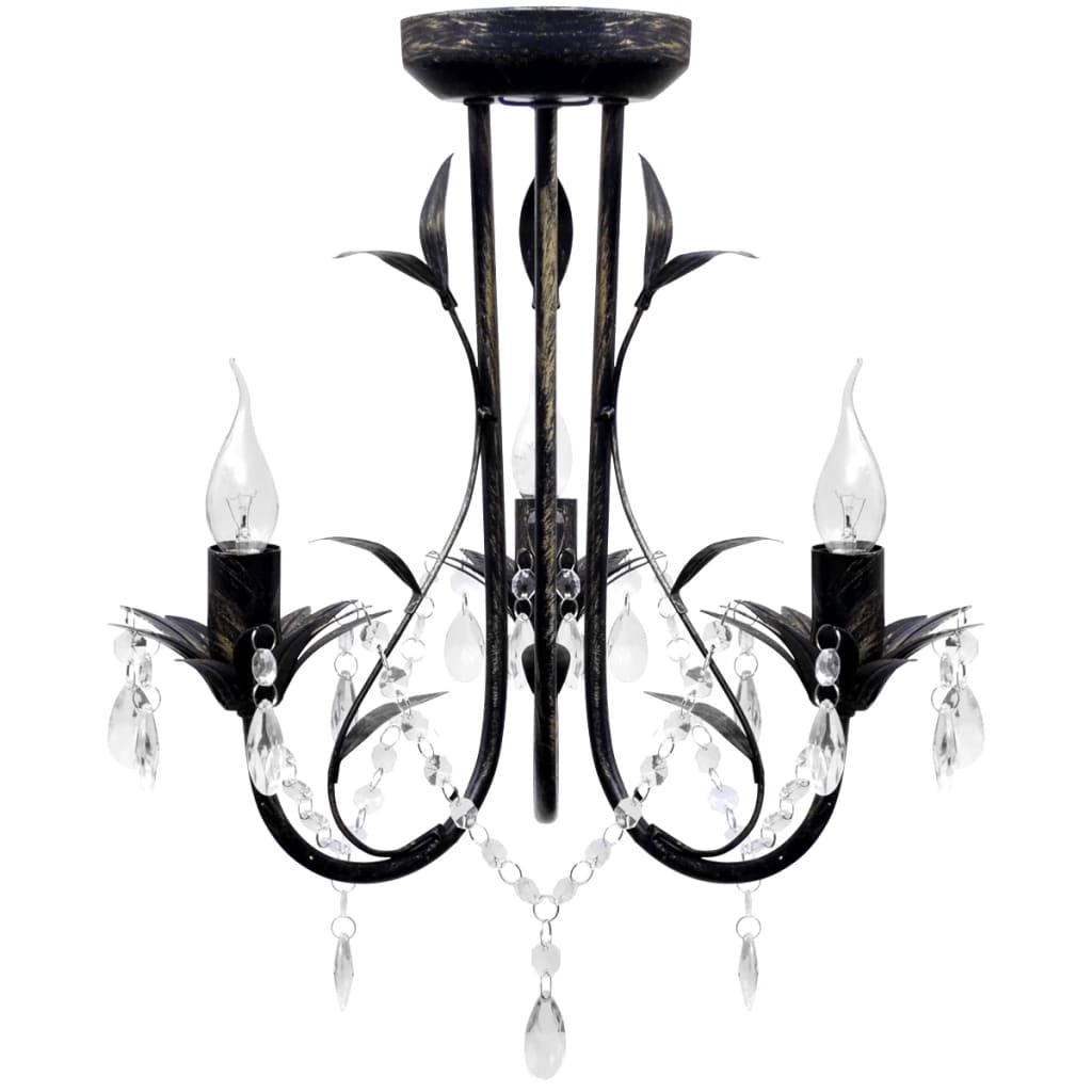 Lustre métal noir style art nouveau + perles crystal 3 x E14 Ampoules