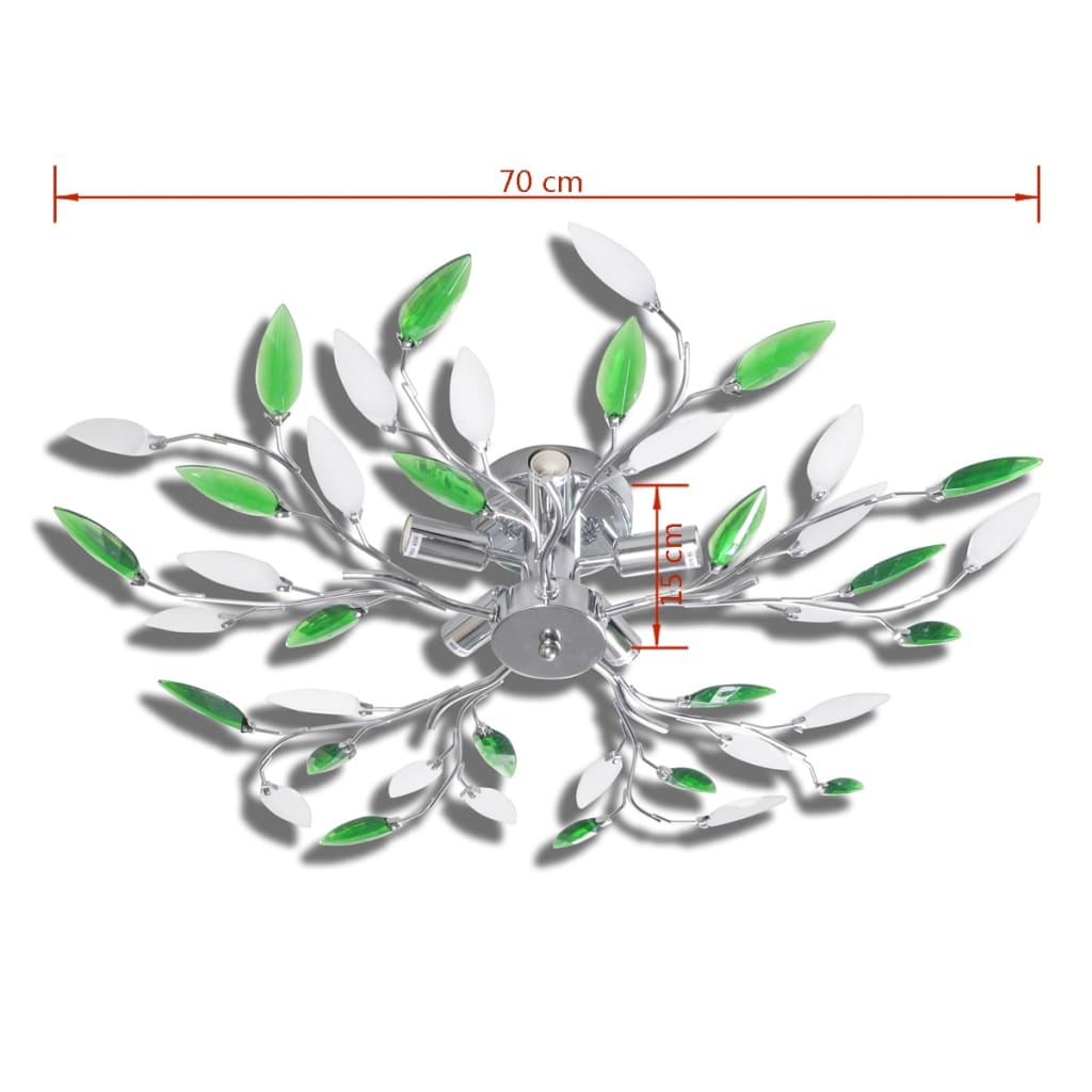 Lampe plafond verte et blanche avec bras crystal pour 5 Ampoules E14