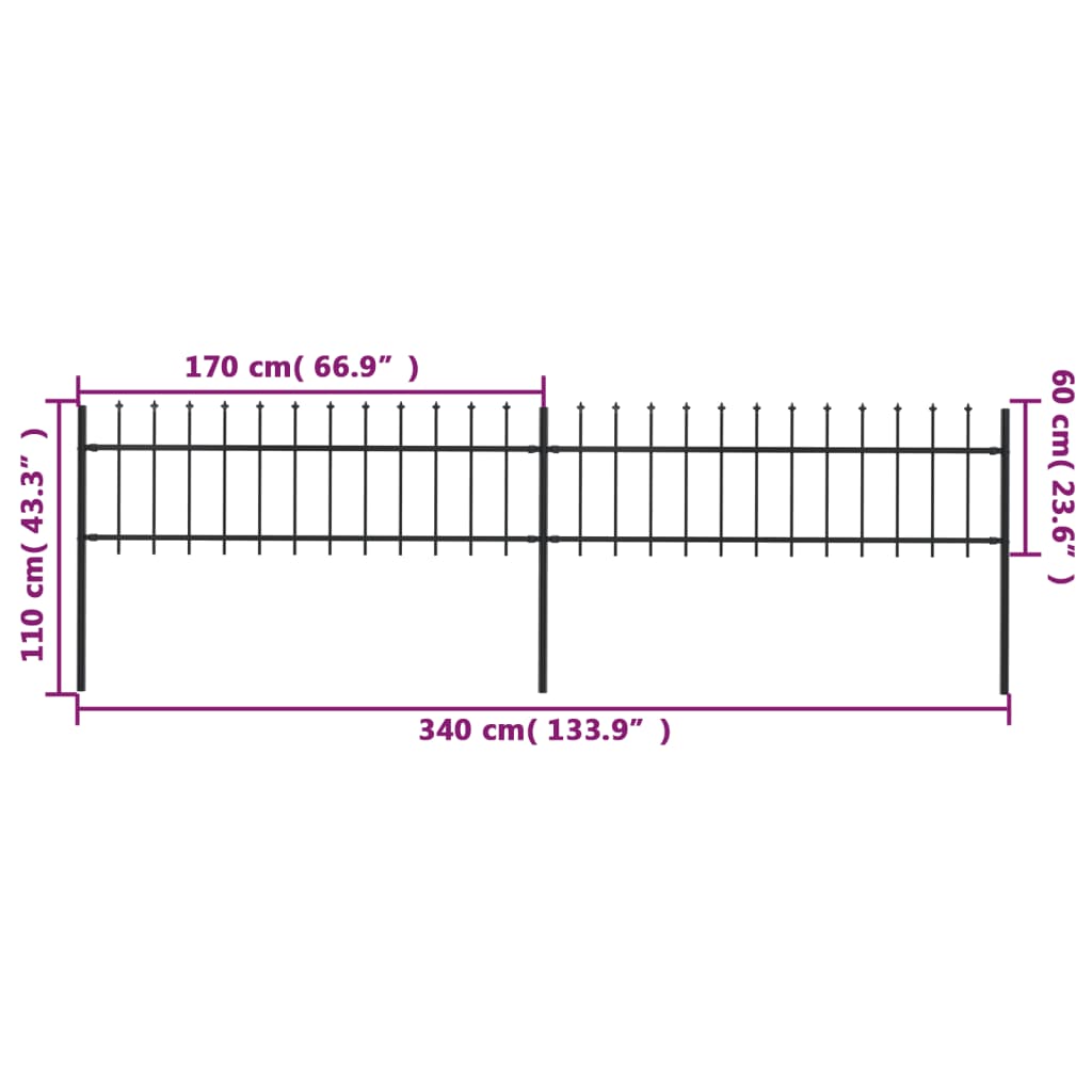 vidaXL Clôture de jardin avec dessus en lance Acier 3,4 x 0,6 m Noir